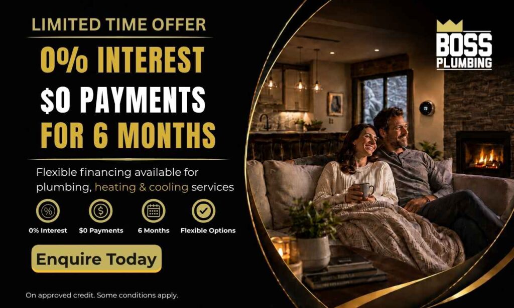Boss Plumbing Saskatoon financing offer with 0% interest and $0 payments for 6 months